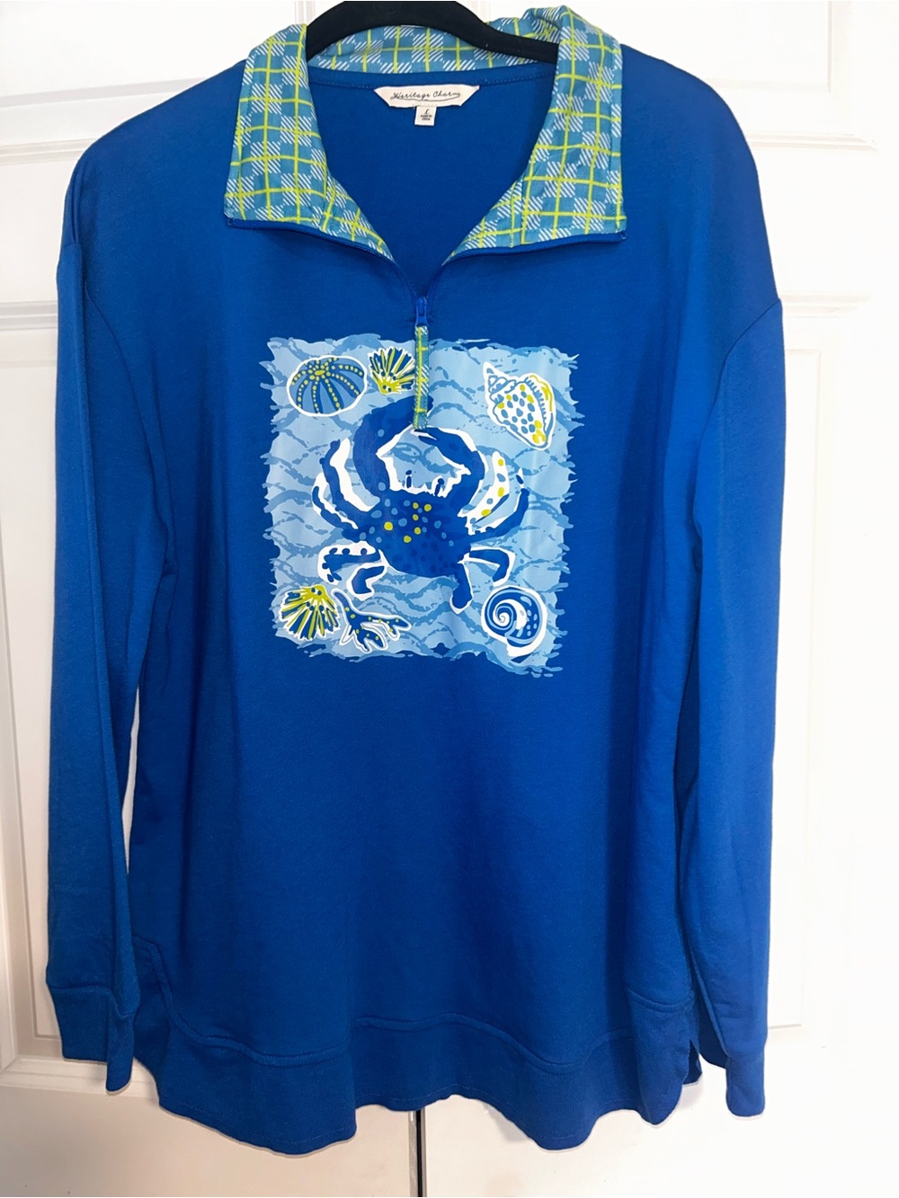 Heritage Blue Pullover with Plaid Collar and Crab Motif
